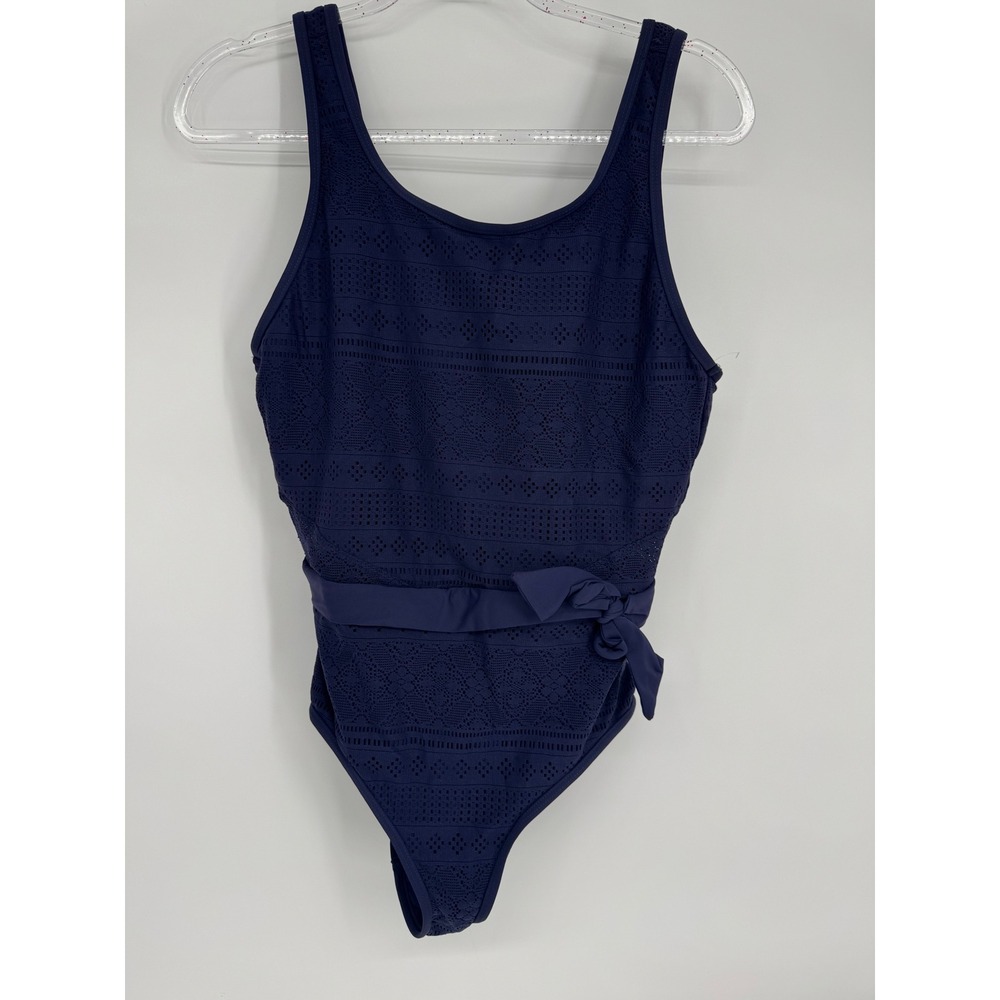 Anne Cole Navy Blue Sz 14 Pointelle Crochet One Piece Swimsuit Tie Org $108